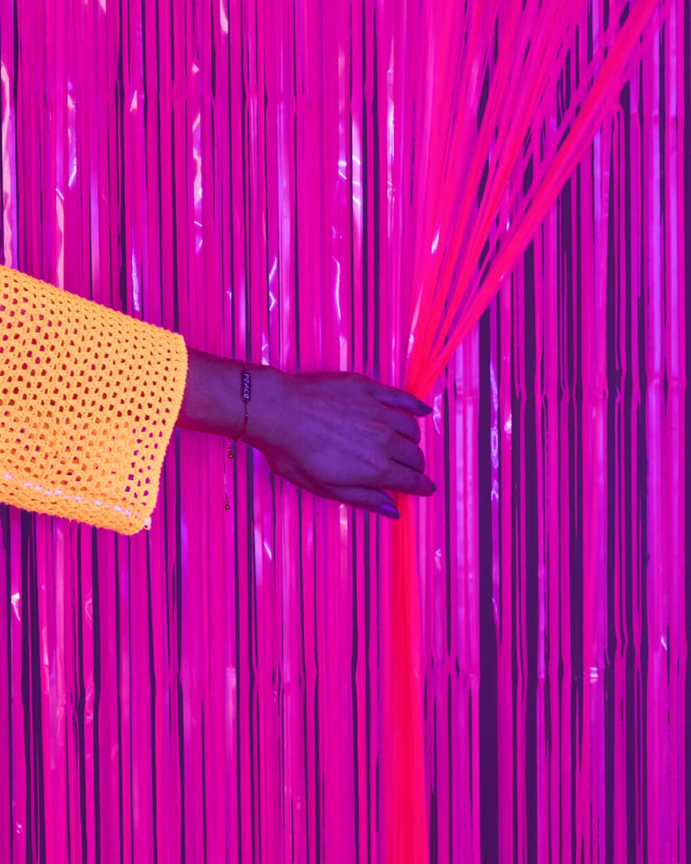 Black Light Neon Pink Fringe Foil Curtain